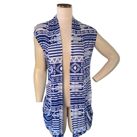 Derek Heart M Lightweight Vest Cardigan Blue White Aztec Tribal Pockets 109C - Picture 1 of 9